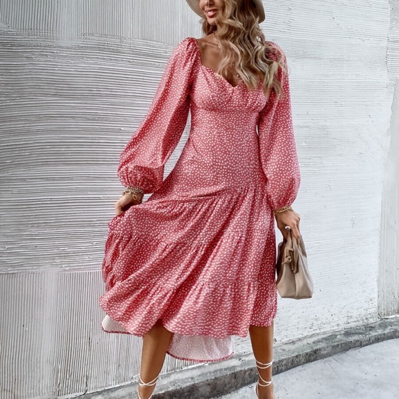 BellanBlue Dresses & Skirts - Boho Pink Polka Dot Sweetheart Neck Ruffle Dress